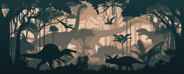 Seamless vector tropical forest with Stegosaurus, Tyrannosaurus, triceratops, Spinosaurus, styracosaurus, Parasaurolophus, Brachiosaurus and pterodactyl