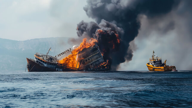 Cargo ship sinking in the Mediterranean as rescue boats respond to dramatic fire and smoke