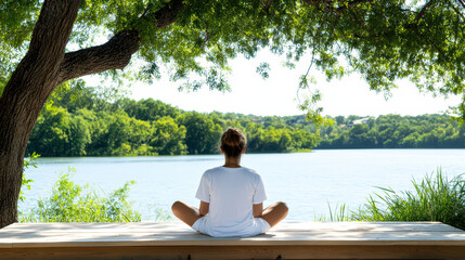 Fototapeta premium woman enjoying peaceful moment gazing at water under tree