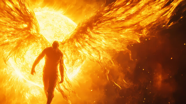 Mythical moment: icarus soaring close to the sun with melting wax wings - with copy space and selective focus. Cursed Celestial Bodies. Illustration