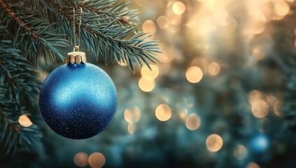 Obraz premium Blue Christmas Ornament Hanging on Pine Branch with Soft Focus Bokeh Background in Warm Golden Hour Light