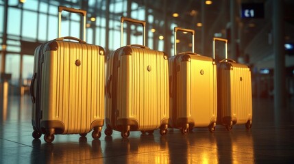 Gold Travel Suitcases In Airport Terminal