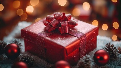 Festively Wrapped Red Gift Box with Glittery Ribbon and Warm Lighting for Holiday Celebrations