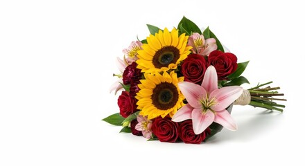 "Stylish bouquet of seasonal flowers displayed on a seamless white backdrop, professional photography style."