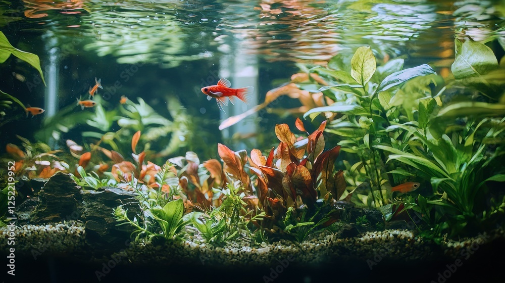 Poster betta fish swimming in a lush planted tank with open water spaces.