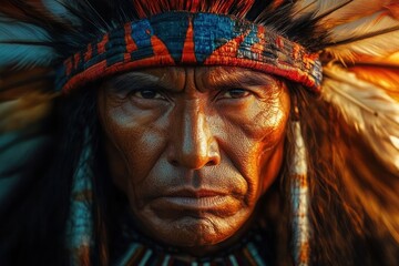 Fototapeta premium Portrait of Tribal Chief in Vibrant Feather Headdress