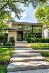 Modern residential architecture showcases clean lines and abundant greenery in a peaceful suburban setting during bright daylight