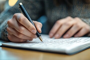 Close-up of a young man's hand writing notes in a notebook on a desk in an office setting