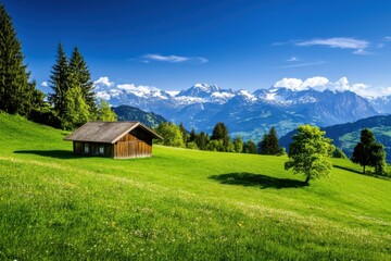 Obraz premium Stunning mountain landscape with a wooden cabin surrounded by lush green fields and towering peaks under a clear blue sky in early summer