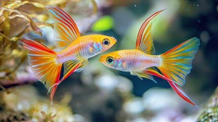 Fototapeta premium Brightly colored swordtails interacting in a planted aquarium. 