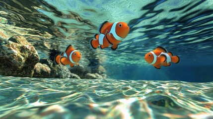 Clownfish interacting playfully in a tranquil underwater habitat. 