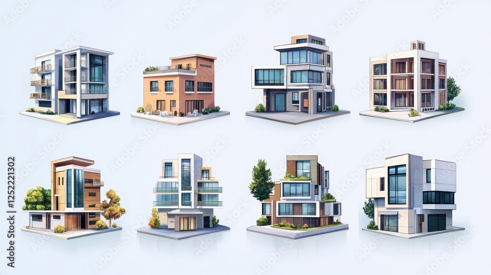 Poster digital illustrations of property development icons with a modern aesthetic.