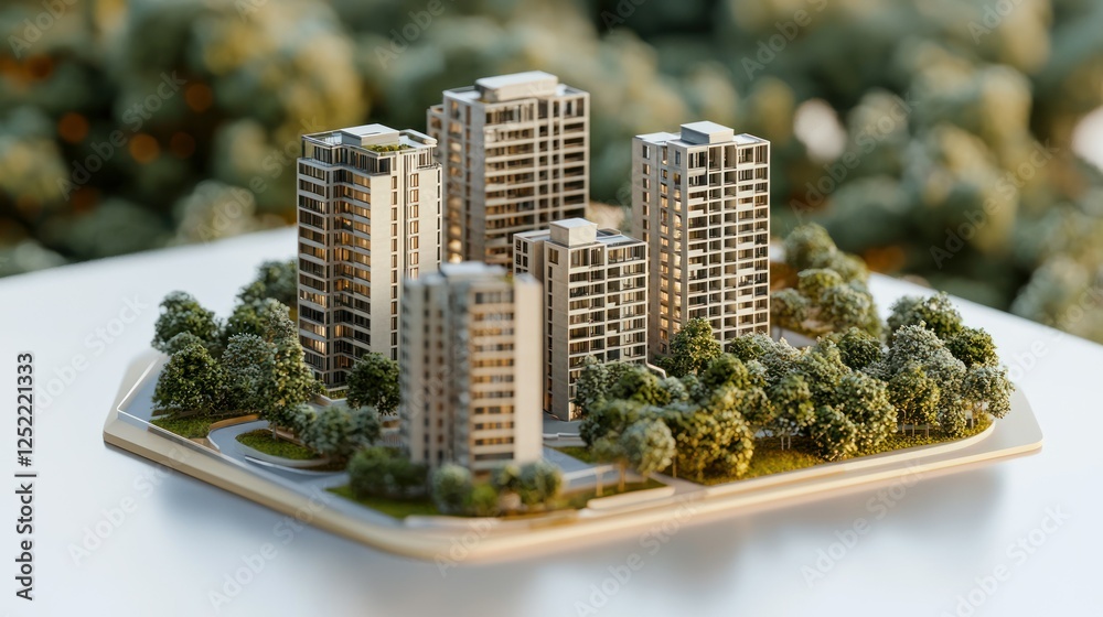 Poster digital illustrations of property development icons with a modern aesthetic.