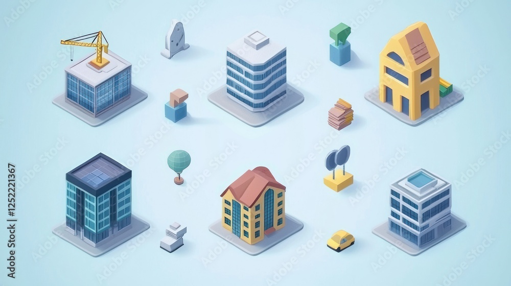 Poster digital illustrations of property development icons with a modern aesthetic.