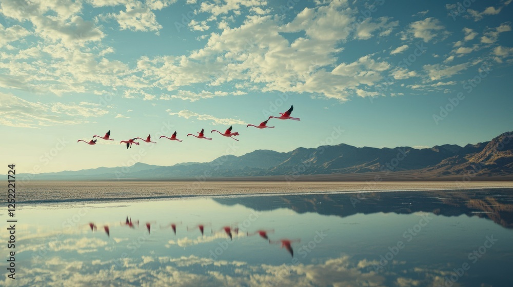 Poster flamingos flying in a flock above a salt flat, with reflections visible in the water below.