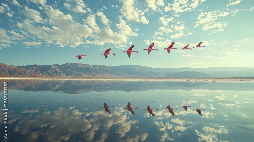 Poster flamingos flying in a flock above a salt flat, with reflections visible in the water below.