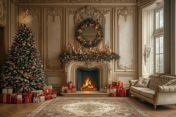Cozy Christmas Living Room with Fireplace and Decorated Tree in Baroque Style