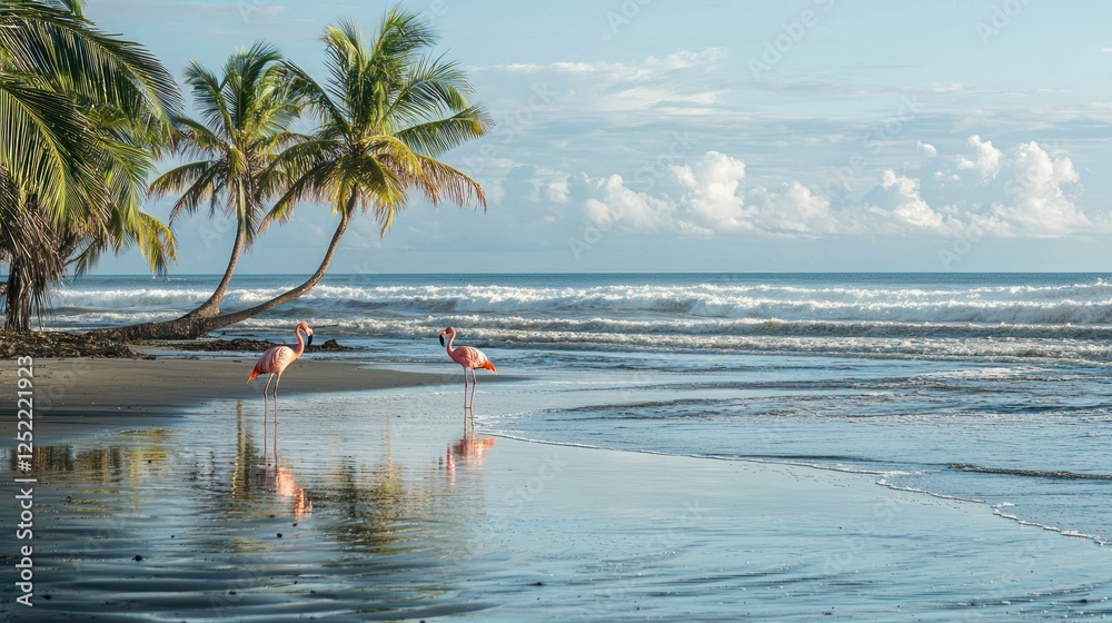 Poster flamingos standing gracefully on the beach, with palm trees and ocean waves in the background.
