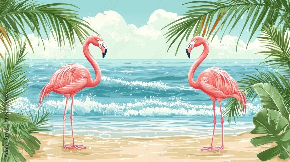 Poster flamingos standing gracefully on the beach, with palm trees and ocean waves in the background.