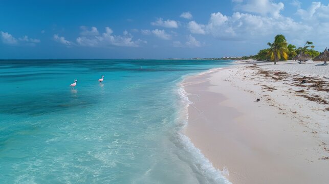 Flamingos in Aruba, walking along a sandy beach with turquoise waters in the background. 