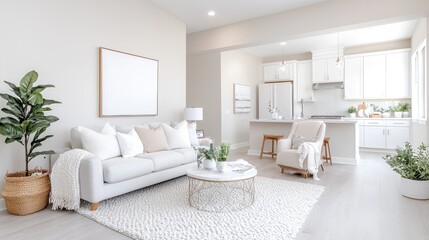 Modern open-concept living room, interior design, neutral colors, showcasing spaciousness