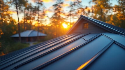 Modern Corrugated Metal Roof Reflecting Sunset Warm Light Detailed Architecture