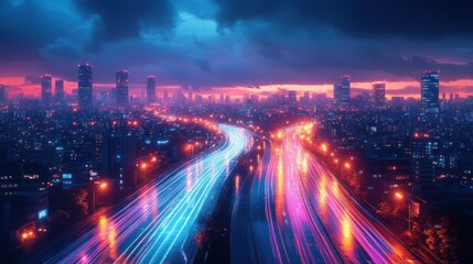 Obraz premium Futuristic Cityscape with Neon Lights and Dynamic Motion Effects