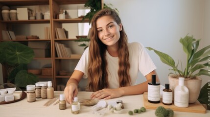 Young woman creating organic cosmetics in her home studio workspace