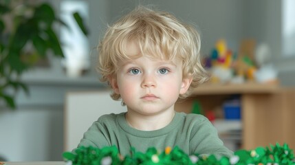 Toddler boy portrait, home playroom, toys background, family