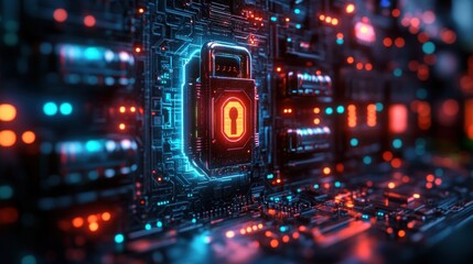 Obraz premium Futuristic Digital Padlock for Cyber Security and Network Protection Against Fraud and Data Privacy