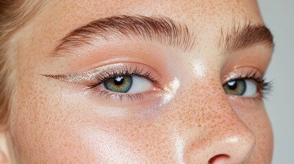 Fototapeta premium Close-up of woman's eyes, makeup, freckles, skincare