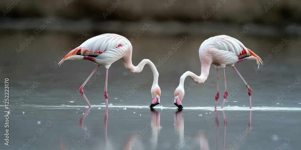 Poster Lesser flamingos foraging in a saline lake, with their distinctive pink plumage on display 