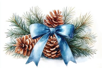 Christmas Pinecones Blue Ribbon Evergreen Branches Holiday Berries Watercolor Illustration