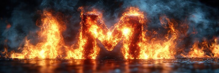 Fiery Letter M Bold Flames Swirling Smoke Surreal Typography Fire Alphabet