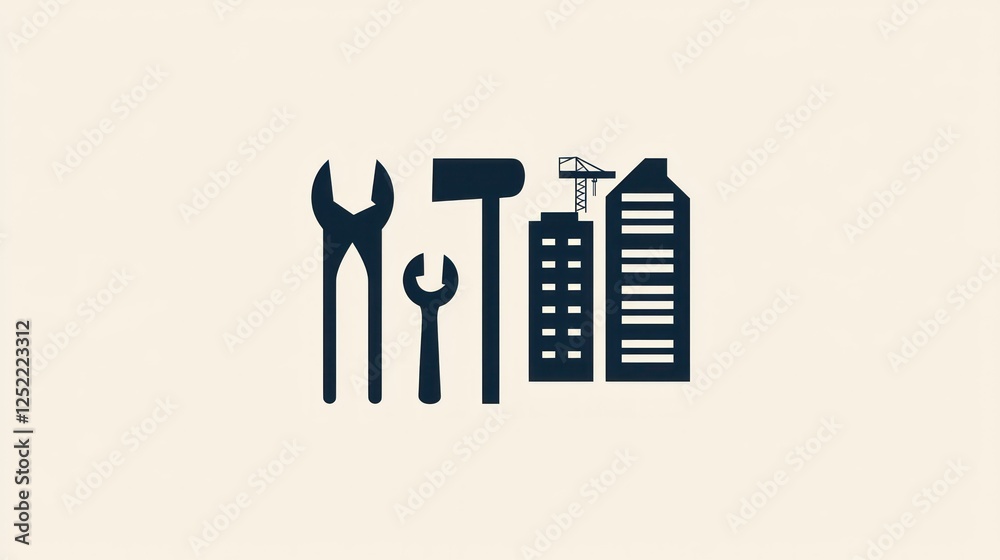 Poster minimalist logo concepts combining construction tools and building silhouettes.