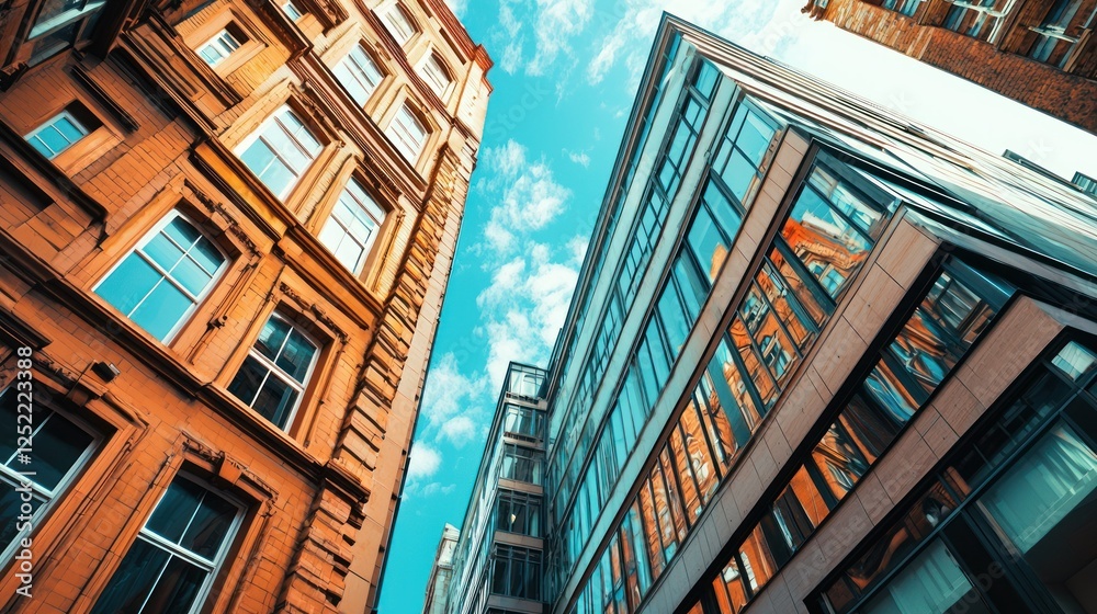 Poster Mixed-use property development in a busy UK urban area, blending modern and traditional architecture. 