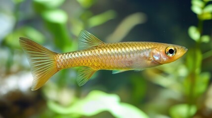 Fototapeta premium Molly fish exploring a natural habitat with plants and gentle water currents. 