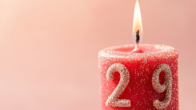 A Burning Red Candle with the Number 29 on It, Set Against a Soft Pink Background, Symbolizing a Special Celebration or Milestone - Powered by Adobe