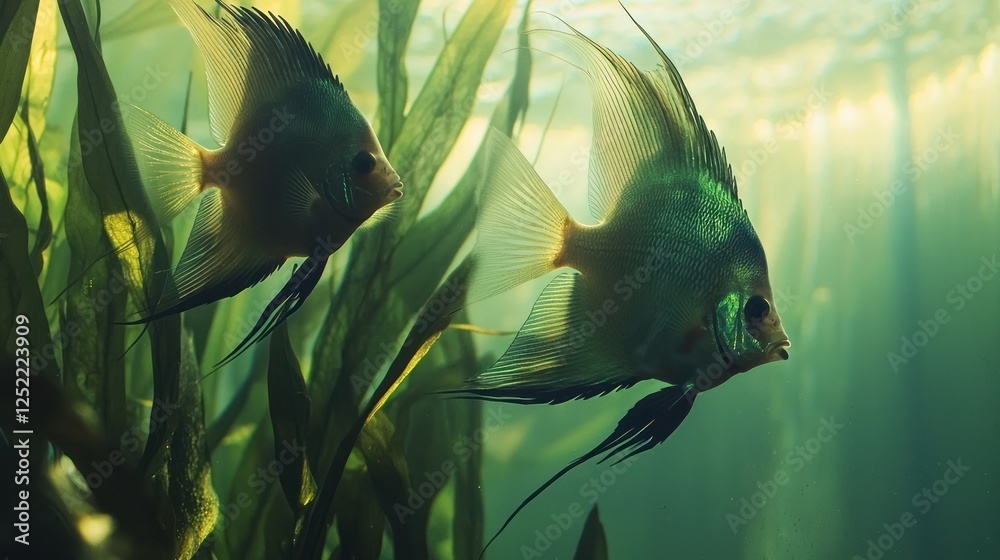 Aufkleber pair of angelfish exploring a planted aquarium with subdued lighting.
