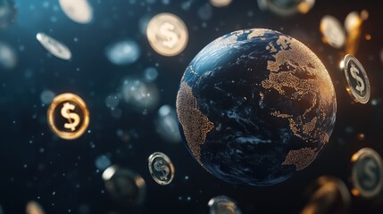 Naklejka premium Digital Globe Surrounded by Floating Coins Representing Global Economy and Finance
