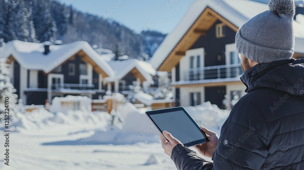 Poster Property development managers using tablets to track progress on-site. 