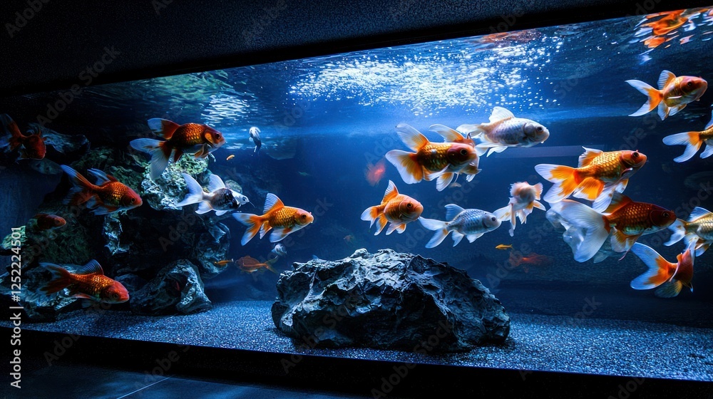 Aufkleber school of goldfish exploring a spacious tank with soft lighting.