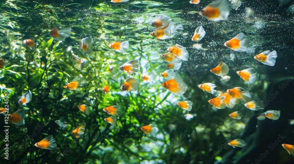 Poster school of guppies darting around a densely planted aquarium.