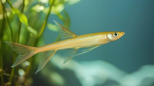 Swordtail fish swimming through calm waters with plenty of aquatic plants. 