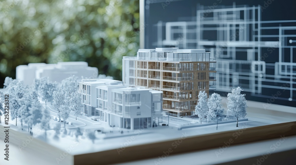 Poster A 3D architectural rendering of a property development displayed on a computer screen. 