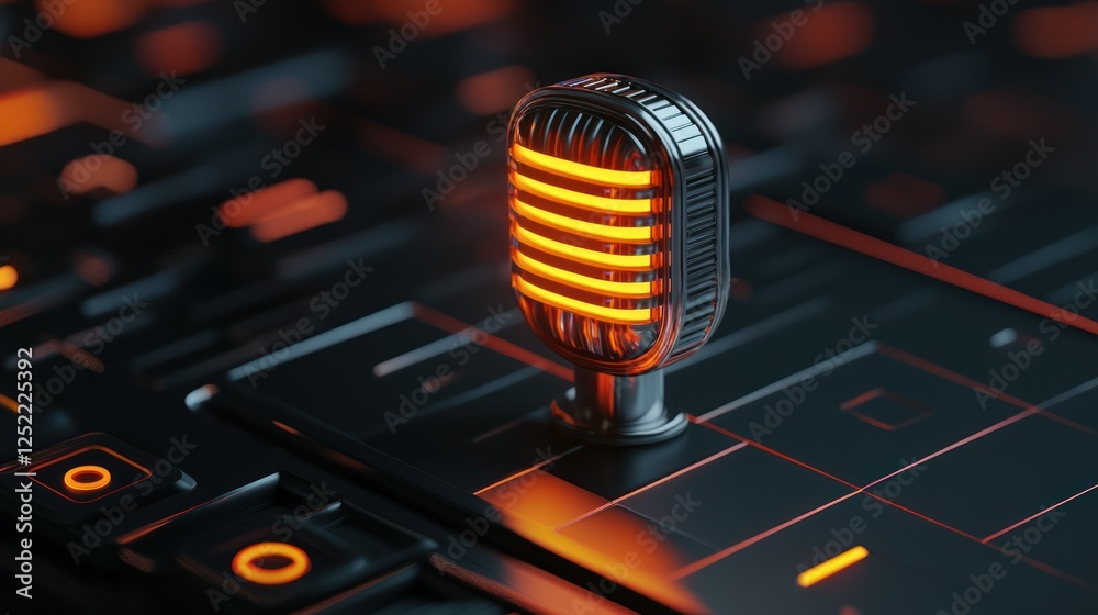 Poster a 3d-rendered podcast icon with metallic accents, floating on a dark background.