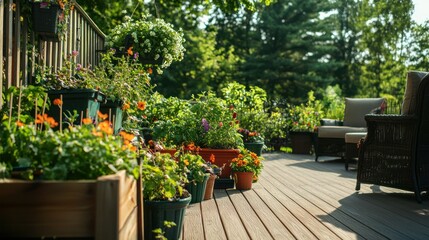 Obraz premium A backyard deck lined with containers of vegetables, flowers, and herbs, with outdoor furniture nearby.