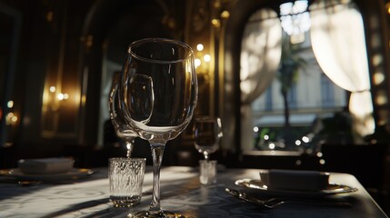 Elegant dining setting with glassware and soft lighting, showcasing a luxurious restaurant atmosphere