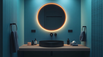 A luxurious modern blue bathroom featuring a black sink, round mirror, and wooden countertop, surrounded by various bathroom accessories.
