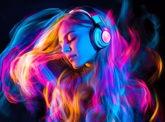 Neon-colored girl dancing with headphones on an isolated black background, close-up portrait